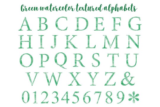 Green watercolor textured alphabets collection on white