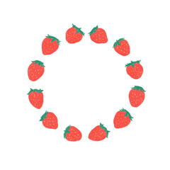 Hand draw vector illustration of strawberry with blank space for text on white background. Fruit round border frame for lettering. A circle frame. - 499402901