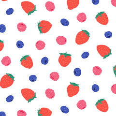 Hand drawn vector illustration of strawberry, blueberry, raspberry pattern. - 499402910