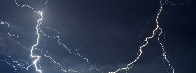 Fork lightning striking down during summer storm	
 - obrazy, fototapety, plakaty