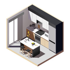 Isometric low poly black and white kitchen. Vector illustration