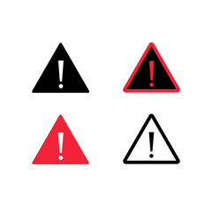 Warning and risk icon. Attention danger, be careful. Warning signs set. Red, black and white triangle and exclamation point. Flat vector icon on white background