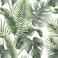 Watercolor seamless pattern with palm and monstera leaves.