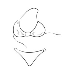 Hand drawn bikini. Sketch of a women's swimsuit for summer vacation on the beach. Black outline on a white background. Vector