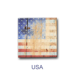 American flag on a wooden block. Isolated on white background. Signs and symbols.