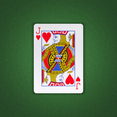 Jack of Hearts on a green poker background. Gamble. Playing cards.