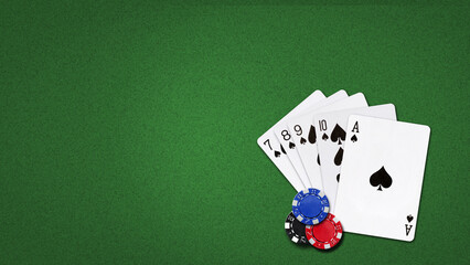 Playing cards and poker chips, on a green background. Flush, combination. copy space. Playing cards. Gambling.