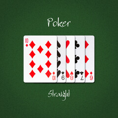 Straight. Poker Hands. On a dark green poker background. Poker combinations. Gambling
