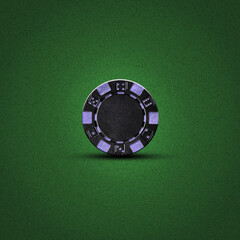 Black blue poker chip, on a dark green background. Gambling.