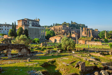 View of the Roman Forum, Rome, Italy. Rome architecture and landmark.