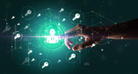 Businessman hand pressing stock graphic information on multitouch screen