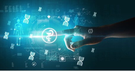Doctor hand pressing futuristic health device with medical symbol on screen