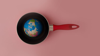 Global warming, the concept of planet earth in a pan o n pastel pink background