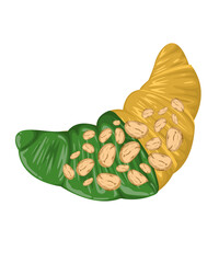 Bakery Croissant light brown bread green tea chocolate coating almonds placed on top. white background and isolation. vector and illustation
