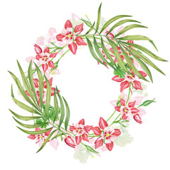 Naklejka premium Frame pink columbine flowers. Exotic plants . A watercolor set of flowers and leaves, a hand-drawn floral illustration highlighted on a white background. Botanical. Suitable for design, postcards