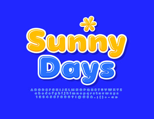 Vector cute banner Sunny Days. Blue glossy Font. Bright Alphabet Letters, Numbers and Symbols set
