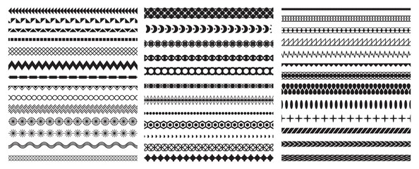 Seamless geometric decorative line borders and ornate brushes. Vintage abstract frame waves, cross, rombs and circles. Illustration. Fashion ornament patterns vector set