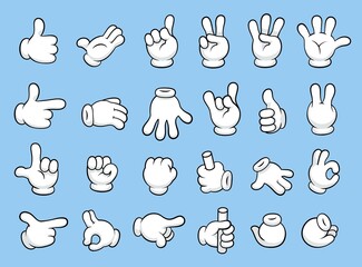 Retro cartoon gloved hands gestures. Thumb up, finger count, forefinger pointing, fist and palm waving hello. Comic style character hands sign vector set