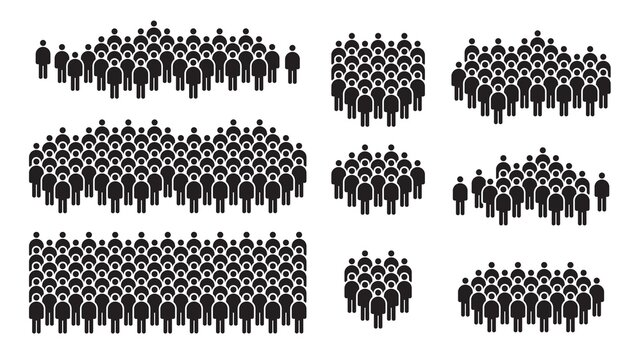 Many people group silhouette icons, crowd, social teamwork, citizen community, company team. Human person gathering black men and women stick figure. Protest, demonstration vector set