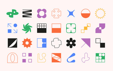 Set of modern futuristic figures. Abstract geometric shapes in brutalism style. Fragile vector objects with thin outline. Vector illustration