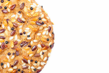 Cookies with different seeds - sunflower, flax, sesame and quinoa, multigrain. Isolated on white background. Close-up