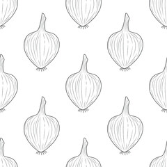 Seamless regular onion background. Hand drawn onion, contour drawing