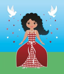 Lovely girl in dress with Cinderella inspiration. Pigeons flying around her and spreading hearts. Vector illustration.