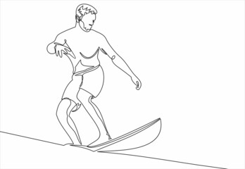 Single continuous line drawing young professional surfer