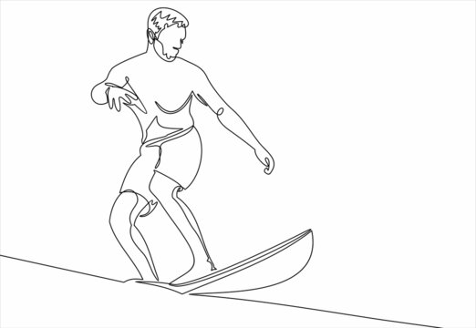 Single continuous line drawing young professional surfer