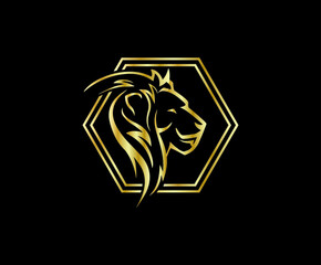 Gold lion logo with hexagon shape