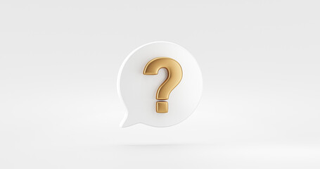 Gold question mark symbol 3d solution problem idea concept of golden faq information help support sign or confusion search answer icon and find suspicion solve isolated on white expression background.