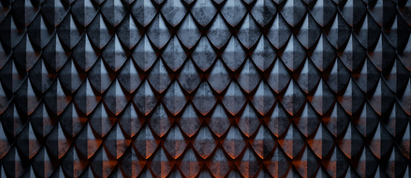 Dragon scale texture. Dark abstract background. 3d render.