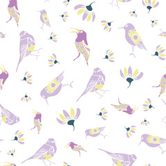 Vector purple yellow green birds and flower seamless pattern isolated on a white background. Print for bed linen. trend print for textiles and wallpaper
