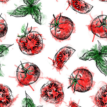 Tomato Watercolor scketch set. Isolated tomatoes and sliced pieces. Vegetable engraved style illustration. Detailed vegetarian food pattern background. Product on the agricultural market.