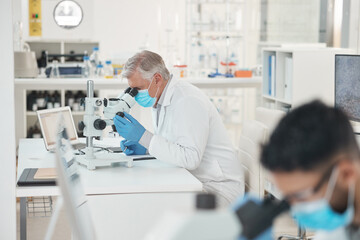 Lets see whats happening here. Shot of a mature scientist using a microscope in a lab.