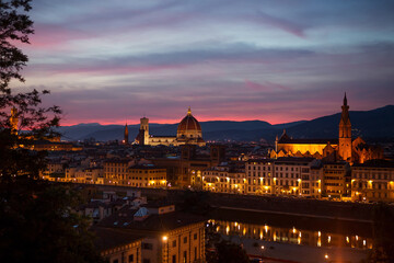 Fototapeta premium Beautiful landscape above, panorama on historical view of the Florence from Piazzale Michelangelo point. Evening time. Italy.