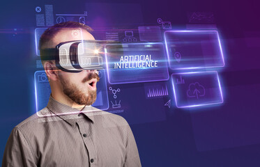 Businessman looking through Virtual Reality glasses, tech concept