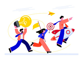 Entrepreneurship, think and develop new idea, organize and launch new innovation product, startup or start new company, business people holding winner flag, rocket ship, lightbulb idea and target plan