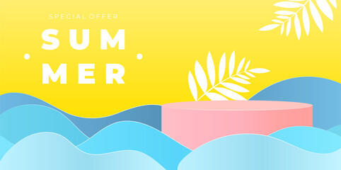 Summer sale podium with cute water waves for presentation your product. Summer fresh colors presentation room.