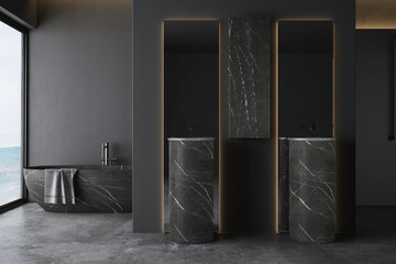Dark grey bathroom with marble bathtub and two sinks with square mirrors and shower area. Black minimalist design of modern bathroom. 3D rendering