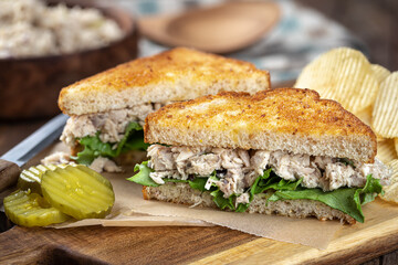 Tuna salad sandwich cut in half