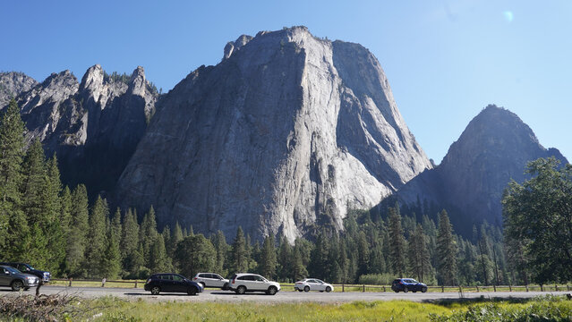 El Capitan and Half Dome granite monolith mountain peaks in the Yosemite National Park of California, USA.