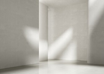 3d minimalistic white interior, space with sunshine and shadows. 3D rendering illustration mock up.