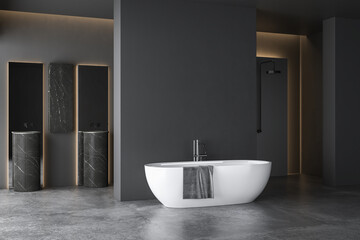 Obraz na płótnie Canvas Dark grey bathroom with white bathtub and two sinks with square mirrors and shower area. Black minimalist design of modern bathroom. 3D rendering