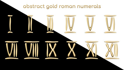Large set of abstract, gold, Roman numerals. Luxurious vintage number font from 1 to 12 made of realistic metallic numbers isolated on black and white background. Gold foil symbol.