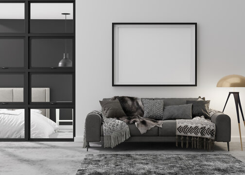 Empty picture frame on white wall in modern living room. Mock up interior in contemporary, loft style. Free, copy space for your picture, poster. Sofa, carpet, lamp, concrete floor. 3D rendering.