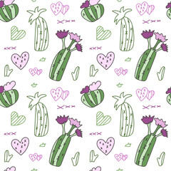 Hand drawn blooming cacti with pink flowers. Seamless vector pattern in doodle style. Exotic plants in the desert. Illustration for fabric, paper, wallpaper.