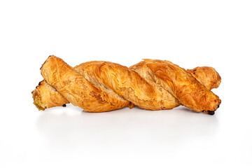 Braided bun in the form of a pigtail on a white background