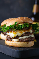Big hamburger with cheese and green salad