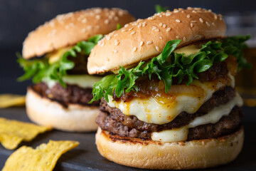 Big hamburger with cheese and green salad